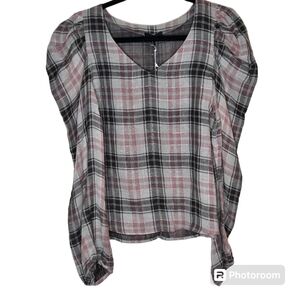 ANTHROPOLOGIE DREW NWT Taupe Black Plaid Long Puff V-neck Sleeve Top